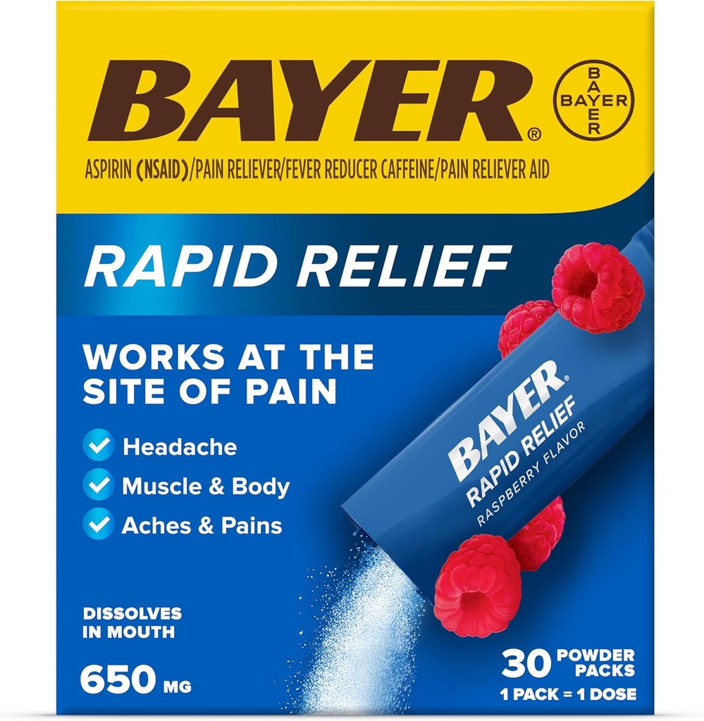 Bayer Rapid Relief Powder Packs with Aspirin & Caffeine, Dissolvable Fast Acting Pain Relief for Headache, Muscle and Body Pain, Raspberry Flavor (Packaging may vary), Pack of 3 x 10 Count
