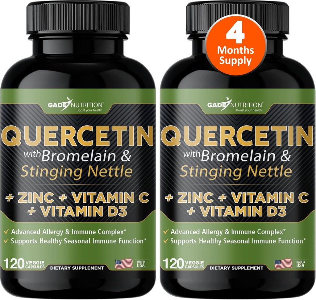 Gade Nutrition Quercetin with Vitamin C and Zinc - Nettle Quercetin - Quercetin 500mg - Quercetin with Bromelain - Zinc Quercetin + Vitamin D3-240 Veggie Caps - Non-GMO - 4 Month Supply