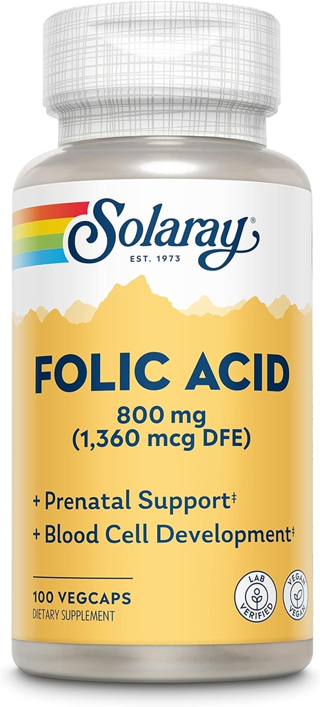 SOLARAY Folic Acid Capsules, 1360mcg | 100 Count | Pack of 2