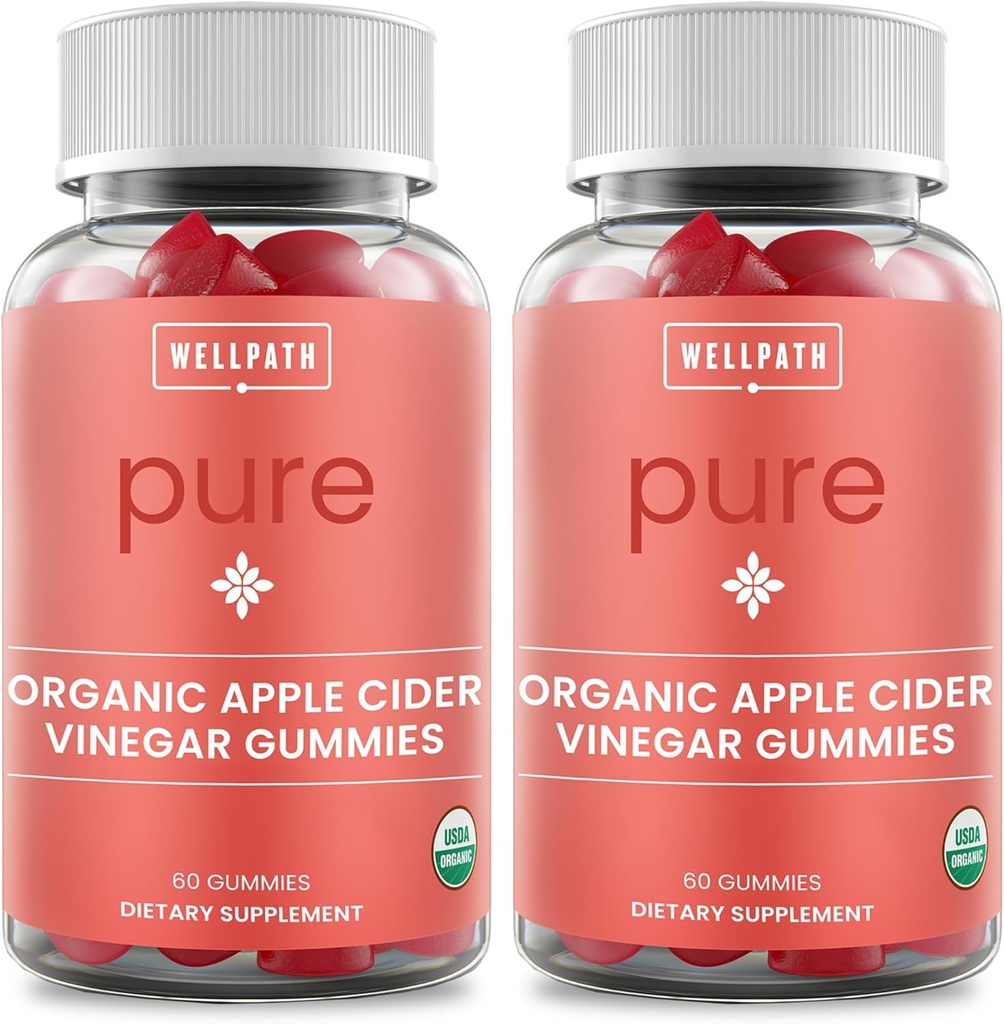 WellPath Pure ACV Gummies (2 Pack) - Apple Cider Vinegar with Mother - USDA Organic Gummy with Ginger for Gut Health | Vegan, Non-GMO, 120 Ct