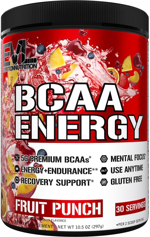 EVL BCAAs Amino Acids Powder - BCAA Energy Pre Workout Powder for Muscle Recovery Lean Growth and Endurance - Rehydrating BCAA Powder Post Workout Recovery Drink with Natural Caffeine - Fruit Punch