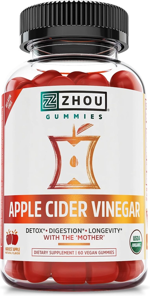 Zhou Apple Cider Vinegar Gummies - ACV Gummies for Women and Men with Elderberry, Delicious Taste with Raw Cane Sugar, USDA Organic - 60 Vegan Gummies