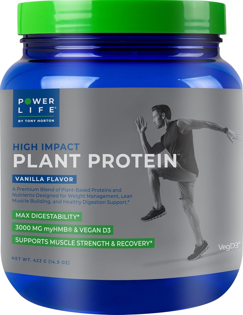 POWERLIFE Tony Horton High Impact Plant Protein Powder with 3000 MG of HMB, Plant-Based, No Sugar Added, Vegan, Keto Friendly, Non-GMO (Vanilla)