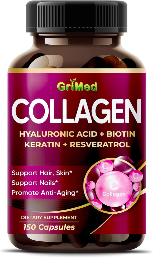 GriMed Organic Collagen 6,419 mg with Hyaluronic Acid, Biotin, Keratin, Resveratrol Hair Skin, Nails Vitamins - Made in The USA (150 Count (Pack of 1))