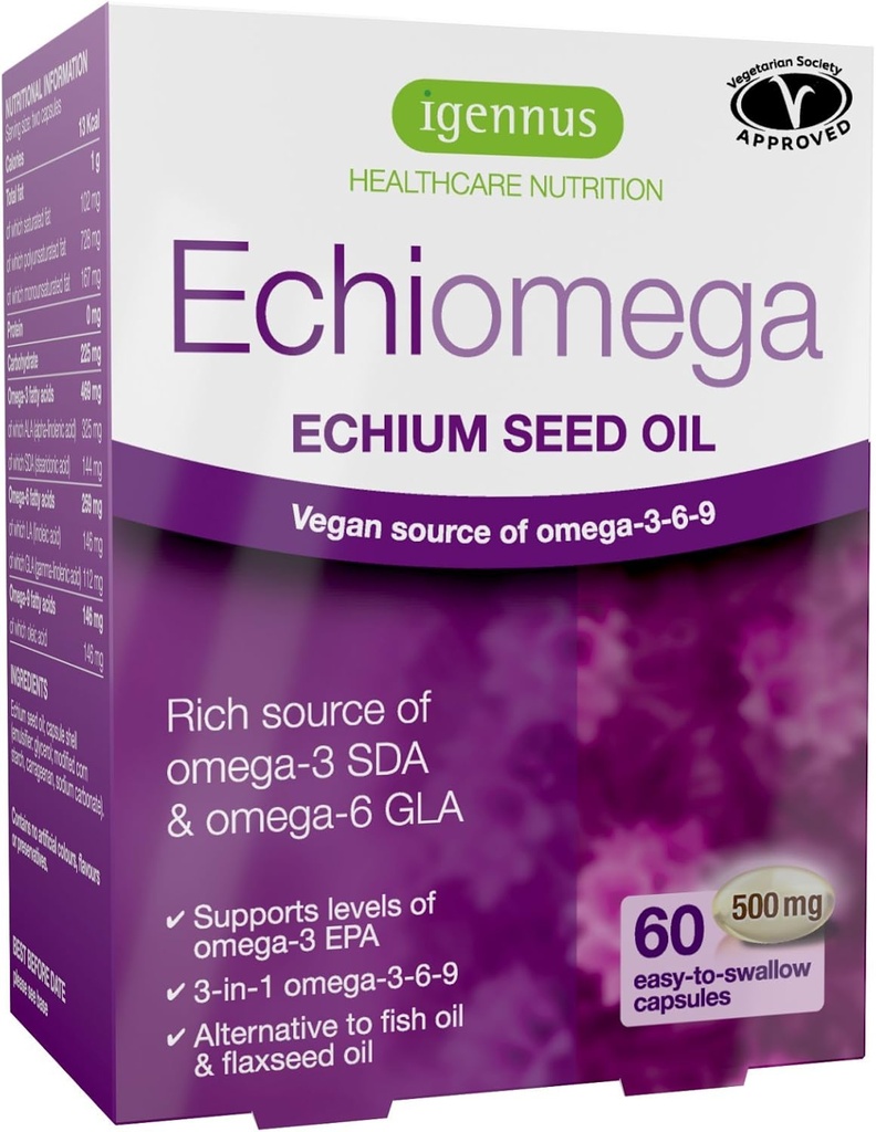 Echiomega Vegan Triple Omega 3 6 9 500 mg, Echium Seed Oil, EFA Supplement for Women with GLA, 60 Softgels