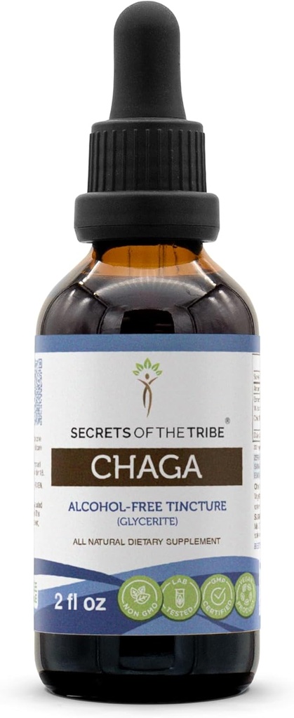 Secrets of the Tribe Chaga Tincture Alcohol-Free Extract, High-Potency Herbal Drops, Tincture Made from Wildcrafted Chaga (Inonotus obliquus) Dried Mushroom 2 oz