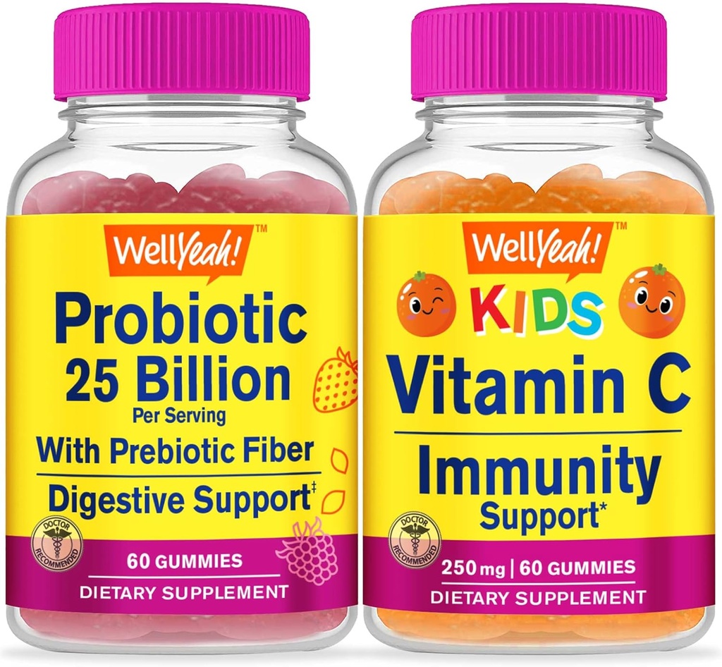 WellYeah Probiotics 25B + Prebiotics + Vitamin C Kids, Gummies Bundle - Great Tasting, Vitamin Supplement, Gluten Free, GMO Free, Chewable Gummy