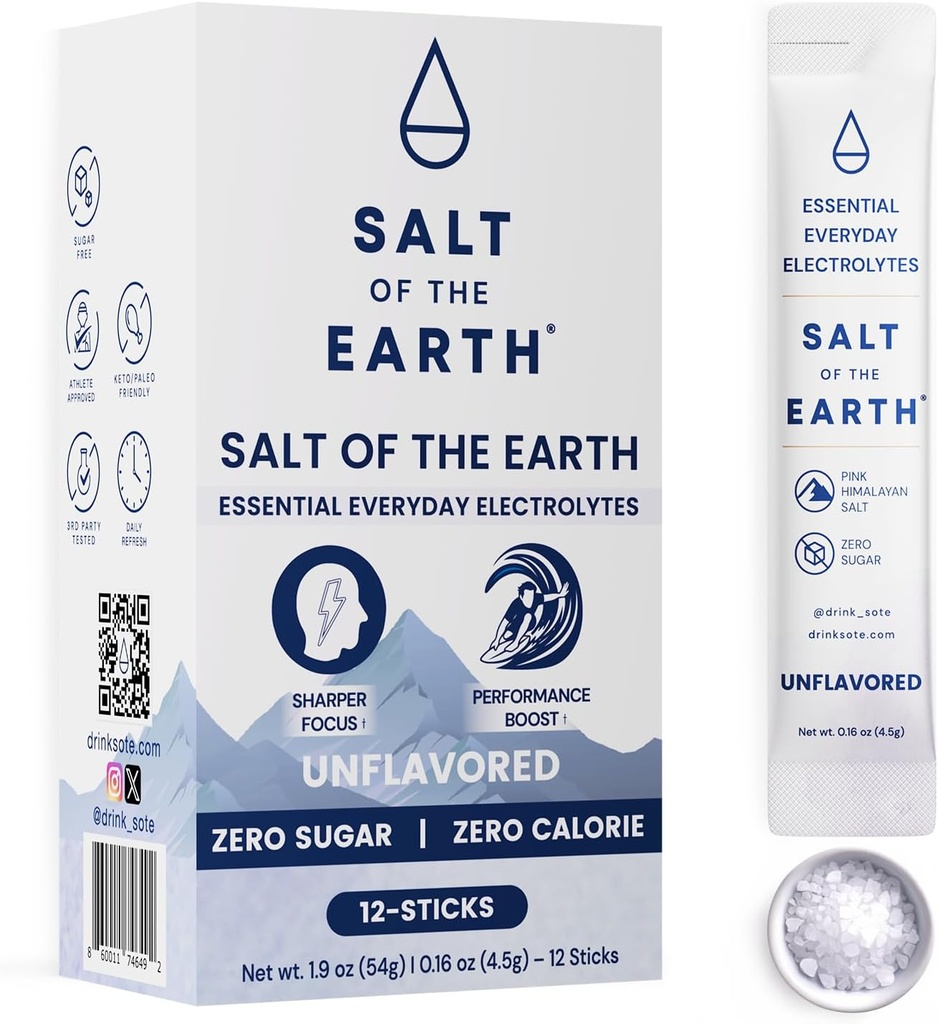 Salt of the Earth Premium Zero-Sugar Electrolyte - Made with Pink Himalayan Salt - Hydration Powder Packets | Premium Ingredients | Keto & Paleo Friendly | 12 Sticks, Unflavored