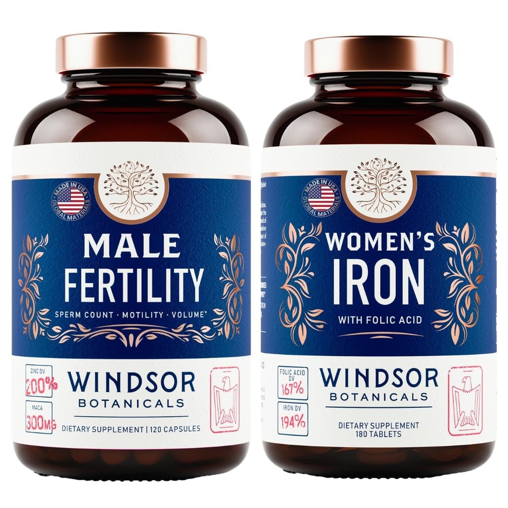 WINDSOR BOTANICALS Male Fertility Supplement and Iron Pills with Folic Acid - Fertility and Prenatal Bundle