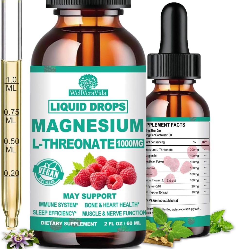 Magnesium L-Threonate Liquid, Triple Sleep Magnesium Threonate w. Apigenin, Theanine, Lemon Balm High Absorption Liquid Magnesium Threonate Supplement for Cortisol Detox Sleep Memory Calm Brain Nerve