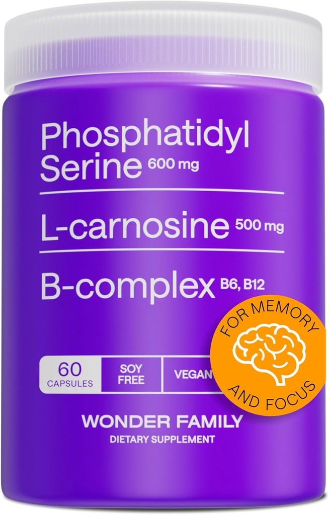 Phosphatidylserine 600mg & L-Carnosine 500mg with Vitamin B6, B12 & Folate – Non-Soy Sunflower Lecithin - Brain Phospholipid Complex – Nootropic Supplement to Support Focus & Memory – 60 Capsules