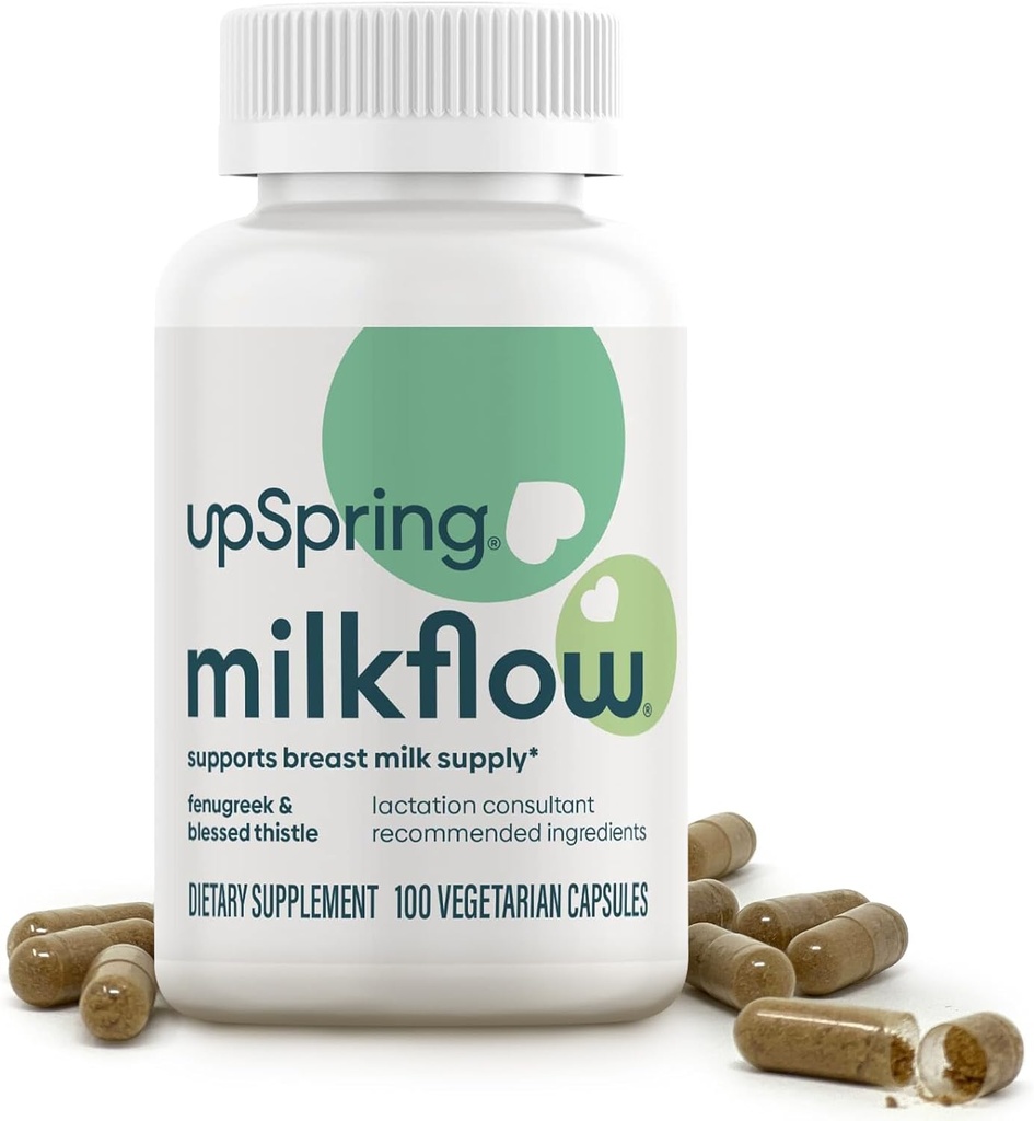 UpSpring Milkflow Lactation Supplement for Milk Supply Increase, Breastfeeding Supplements with Fenugreek & Blessed Thistle, Non-GMO, Lactation Support 100 Vegan Capsules