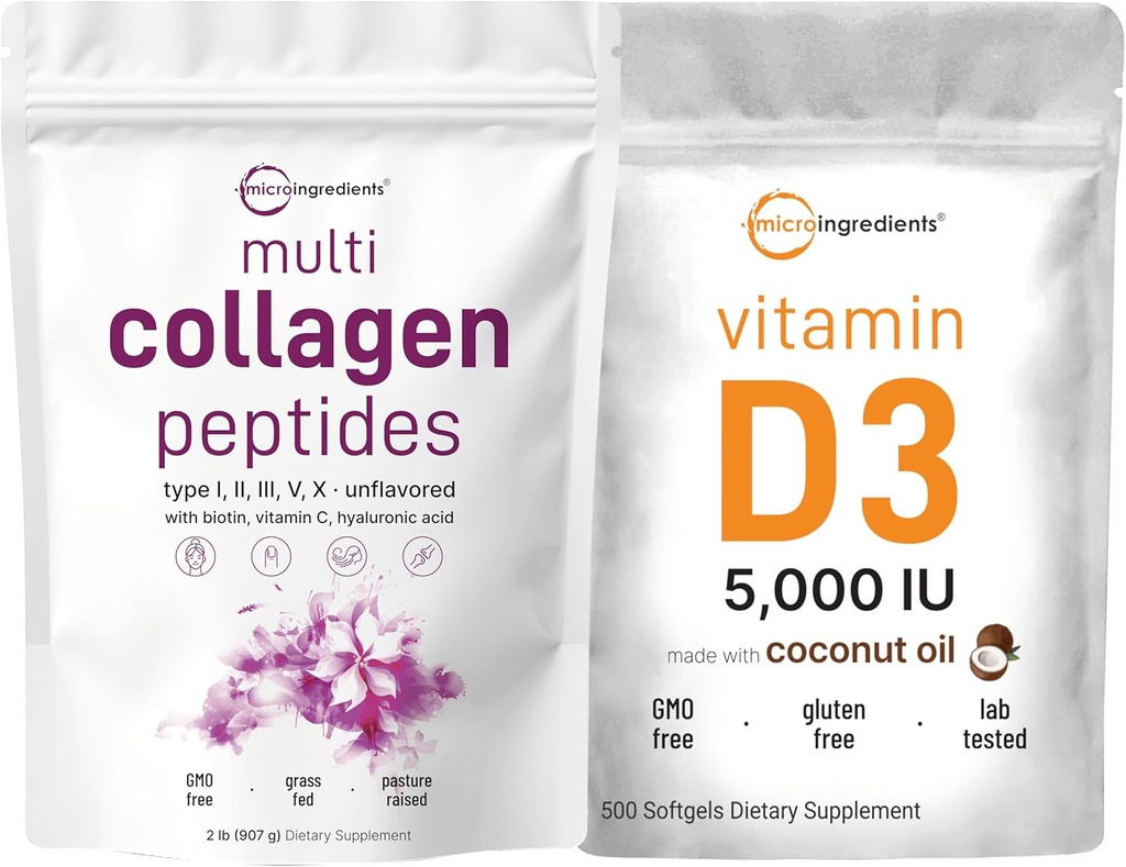 Micro Ingredients Multi Collagen Protein Powder 2lbs & Vitamin D3 5,000 IU Bundle Pack | Grass-Fed Collagen Peptides | Vitamin D as Cholecalciferol