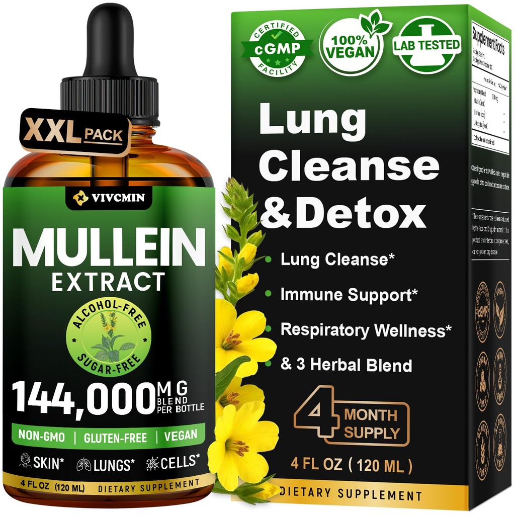 vivcmin Mullein Drops for Lungs, 120 Servings, Respiratory & Immune Support, Lung Detox for Smokers Tincture, Mullein Leaf Extract for Lung Cleanse, 4 fl oz