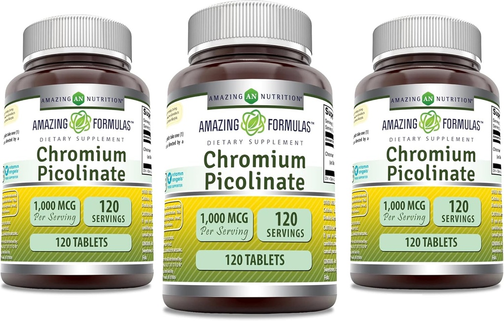 Amazing Formulas Chromium Picolinate | 1000 Mcg Tablets Supplement | Non-GMO | Gluten Free | Made in USA (3 Pack, 120 Count)