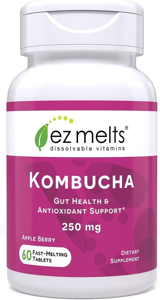 EZ Melts Dissolvable Sugar-Free Kombucha Tablets with SCOBY & Apple Cider Vinegar, Gut Health Supplements for Men & Women, Apple Berry Flavor, 2-Month Supply - 1 Pack