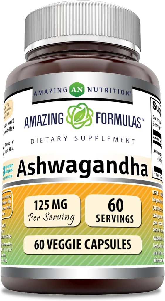 Amazing Formulas Ashwagandha Extract Supplement | 125 Mg Per Serving | Veggie Capsules | Non-GMO | Gluten Free | Made in USA (1 Pack, 60 Count)