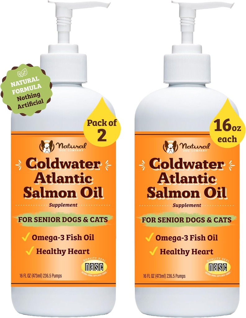 Natural Dog Company Coldwater Atlantic Salmon for Dogs 2 Pack -16oz - Senior Dog Fish Oil Supplement with Omega 3, Easy to Digest, Joint Support, for Multi Dog Famillies, Large Breed Dogs