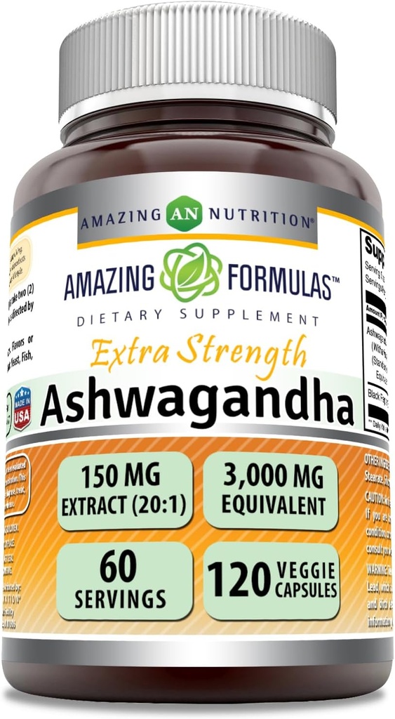 Amazing Formulas Ashwagandha Extract Supplement | 150 Mg Extract (20:1) | Equivalent to 3,000 Mg | Veggie Capsules | Non-GMO | Gluten-Free | Made in USA (120, Count)
