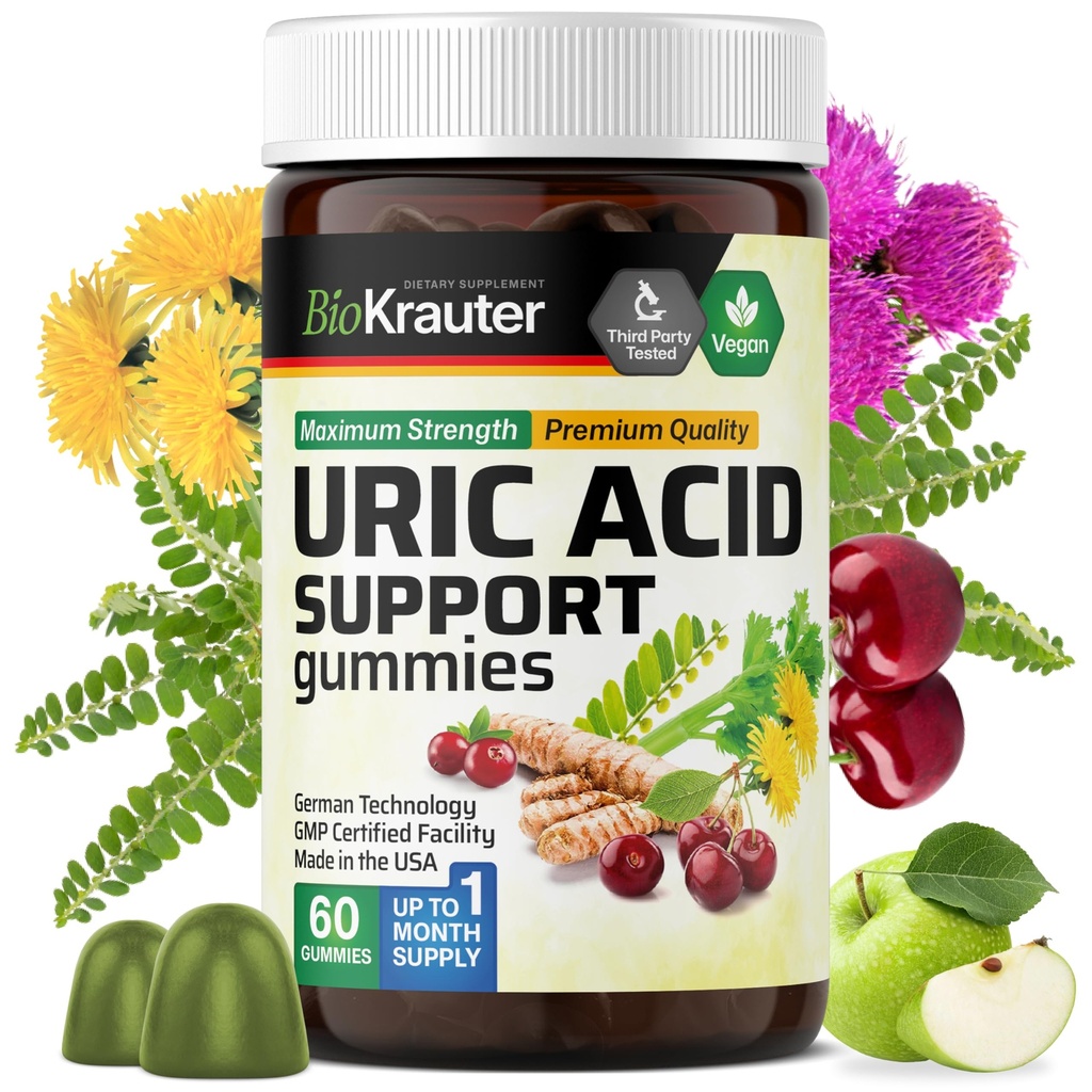 BIO KRAUTER® 7-in-1 Uric Acid Supplement - Tart Cherry, Chanca Piedra, Cranberry, Celery Seed - Natural Kidney Supplement with Milk Thistle and Turmeric - 60 Uric Acid Gummies, 30-Day Supply
