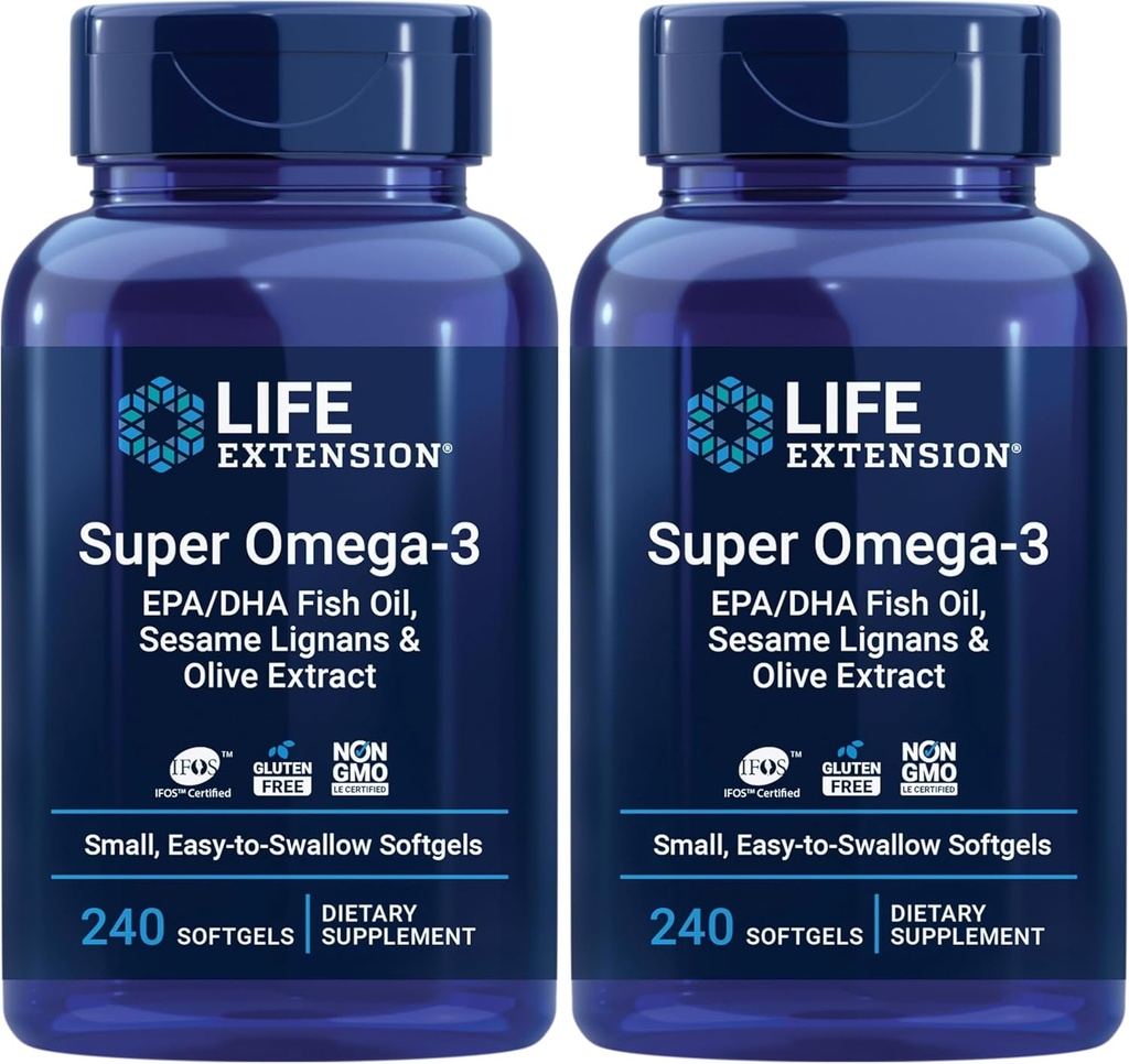Life Extension Super Omega-3 EPA/DHA Fish Oil, Sesame Lignans & Olive Extract - Omega 3 Supplement - for Heart Health and Brain Support - Gluten Free, Non-GMO - 240 Easy-to-Swallow Softgels