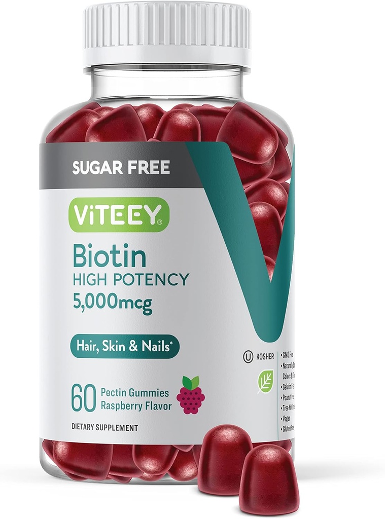 VITEEY Biotin Gummies for Hair, Skin, and Nails 5,000mcg - Sugar Free - Hair Growth Gummies, Healthy Skin Glow, Strong Healthy Nail Growth - Vegan, Gluten Free, Gelatin Free- Chewable Raspberry Flavor