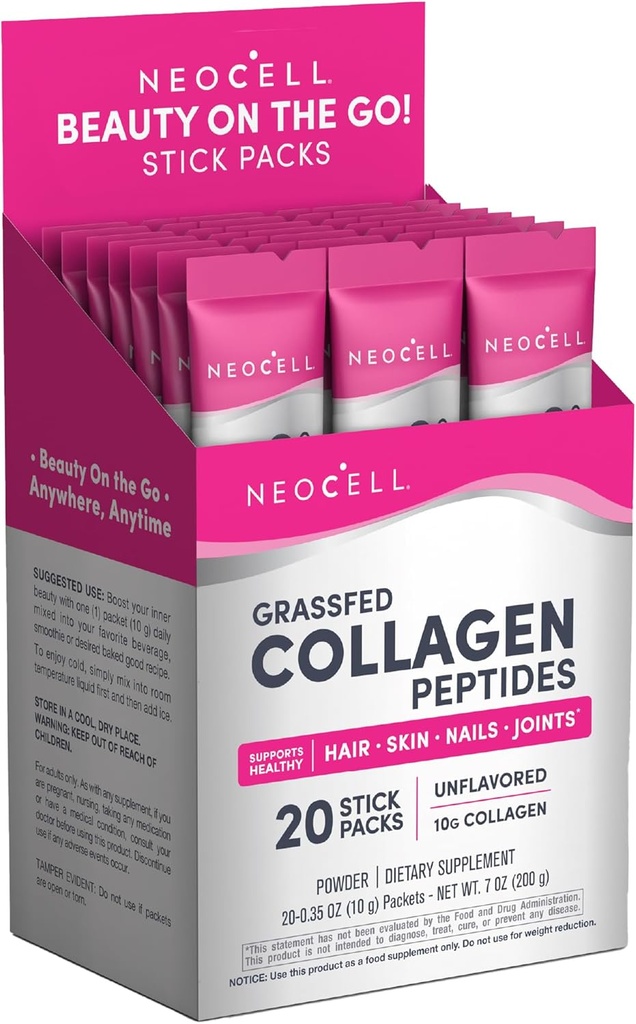 NeoCell Super Collagen Peptides, 10 g Collagen/Single-Serve Packet; Keto Certified, Gluten Free; for Healthy Skin, Hair, Nails and Joint Support;* Unflavored Powder, 20 Servs, 7 Oz.
