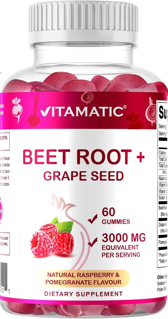 Vitamatic Beet Root Gummies - 3000mg Equivalent Per Serving - 60 Gummies - Made with Vitamin B6, B12, Grape Seed, Pomegranate & Nicotinamide