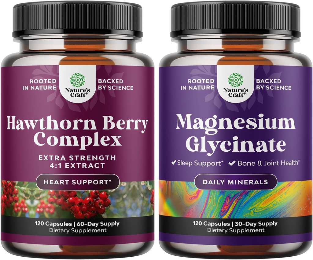 Bundle of Extra Strength Hawthorn Berry Capsules - Heart Health Supplement and Pure Magnesium Glycinate 400mg Per Serving for Mood Sleep and Relaxation