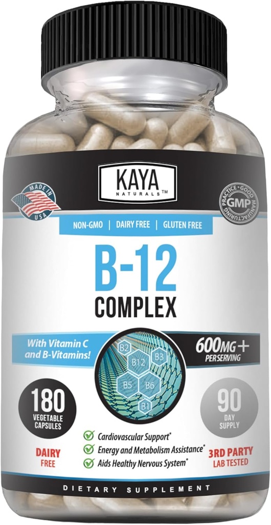 Kaya Naturals B-12 Complex | Multivitamin Supplement for Women & Men | Energy and Metabolism Booster | Vitamin Supplement with Biotin, Choline, Inositol, Folate, and Vitamin C – 180 Count