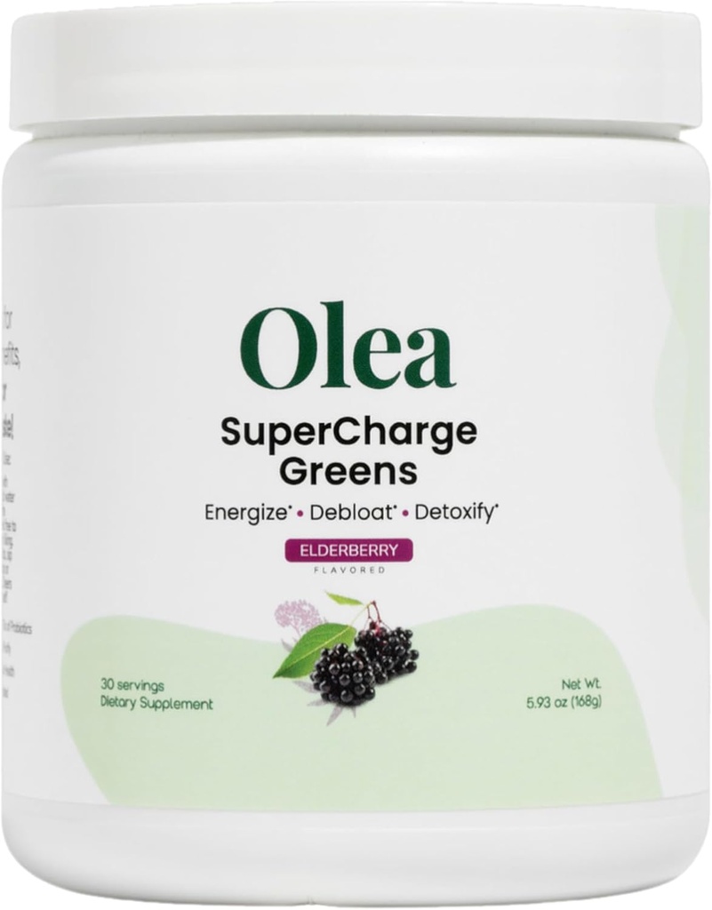 Olea Supercharge Greens – Bloat Relief & Clean Energy Support – Yerba Mate + Probiotics + Digestive Enzymes + Fiber – No Sugar Added – Gut Health Greens Drink for Daily Digestion