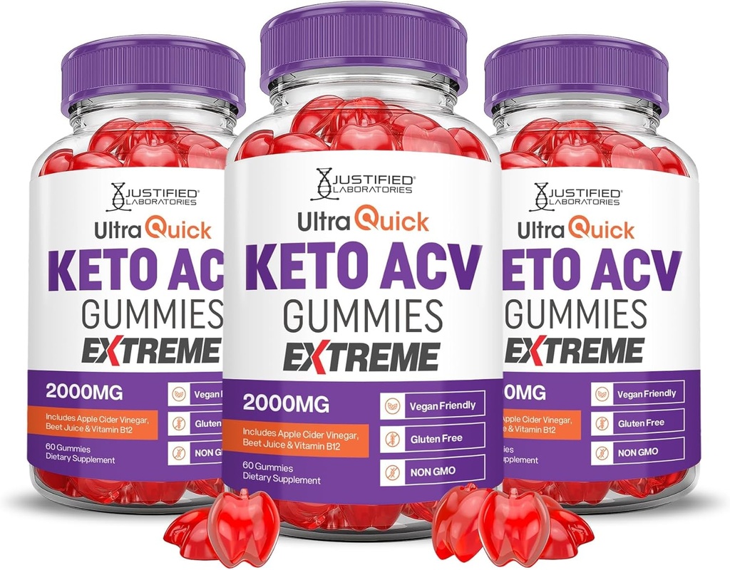 Justified Laboratories (3 Pack Ultra Quick Keto ACV Gummies Extreme 2000MG Ultraquick Keto Gummies Apple Cider Vinegar Formulated with Pomegranate Beet Juice Powder B12 Vegan Non GMO 180 Gummys