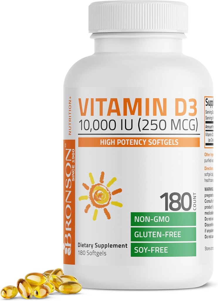 Bronson Vitamin D3 10,000 IU (250 mcg) High Potency - Supports Healthy Immune System, Strong Bones, Muscles & Teeth - Non GMO, 180 Softgels