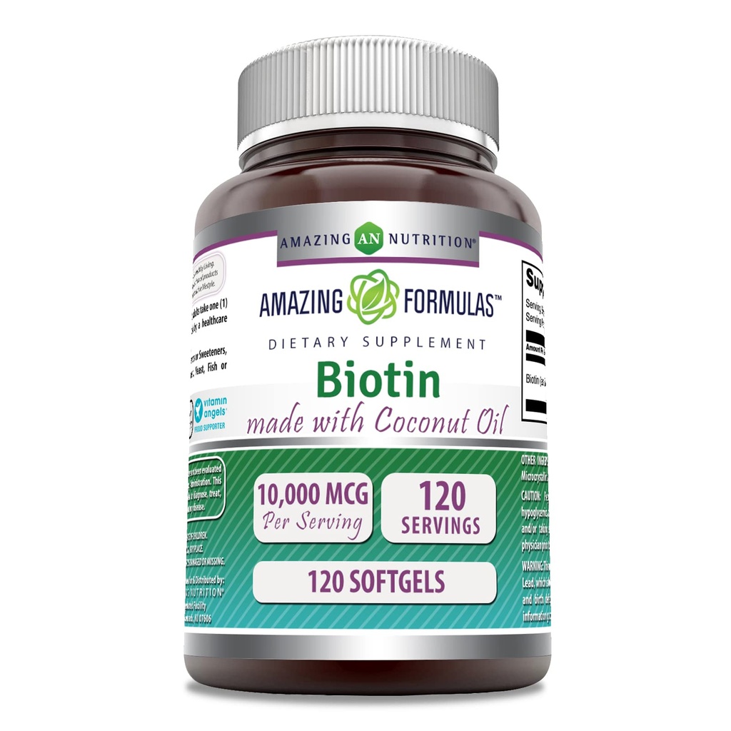 Amazing Formulas Biotin with Extra Virgin Organic Coconut Oil Supplement | 10000 Mcg | 120 Softgels | Non-GMO | Gluten-Free | Made in USA