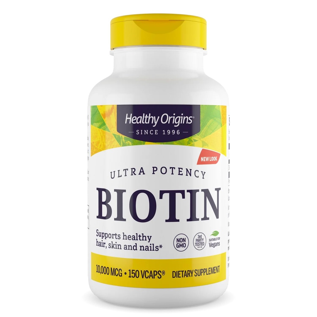Healthy Origins Biotin 10,000 mcg (10 mg), 150 Veggie Capsules - High Potency USP Grade Vitamin B7 Supplement - Supports Healthy Hair Growth, Strong Nails & Glowing Skin - Non-GMO, Vegan & Gluten-Free