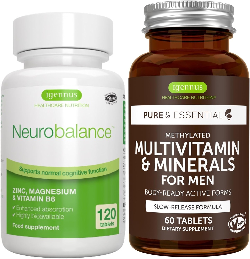 Neurobalance + Multivitamin & Minerals for Men Vegan Bundle, High Absorption Zinc, Magnesium & B6 Supplement + Sustained Release Multivitamin by Igennus