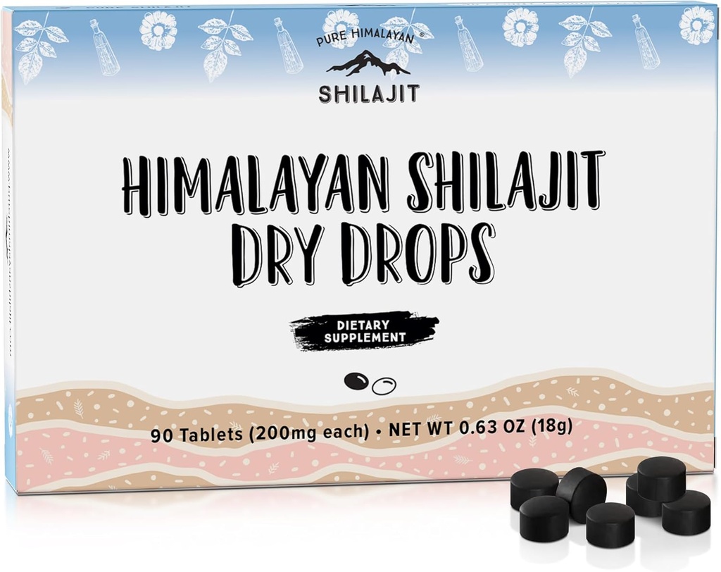Pure Himalayan Shilajit Dry Drops (90 Tablets - 200mg Each) Maximum Potency Pure Shilajit for Men with 85+ Trace Minerals & Fulvic Acid for Metabolism, Energy & Immune Support