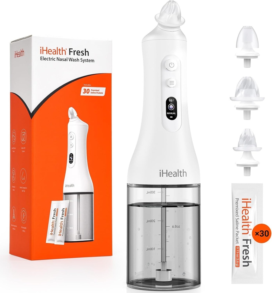 iHealth Electric Nasal Irrigation System for Adults & Kids – Gentle Sinus Rinse for Rhinitis & Sinusitis Relief, 400ml Easy-Clean Large Tank, Water Temperature Measurement, 30 Premixed Saline Packets