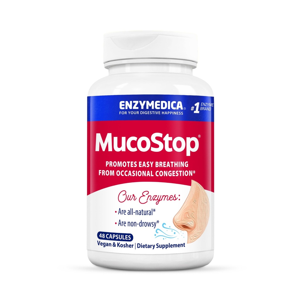 Enzymedica, MucoStop, Natural Enzyme Supplement, Relieves Seasonal or Occasional Congestion, Supports Easy Breathing, 48 Count