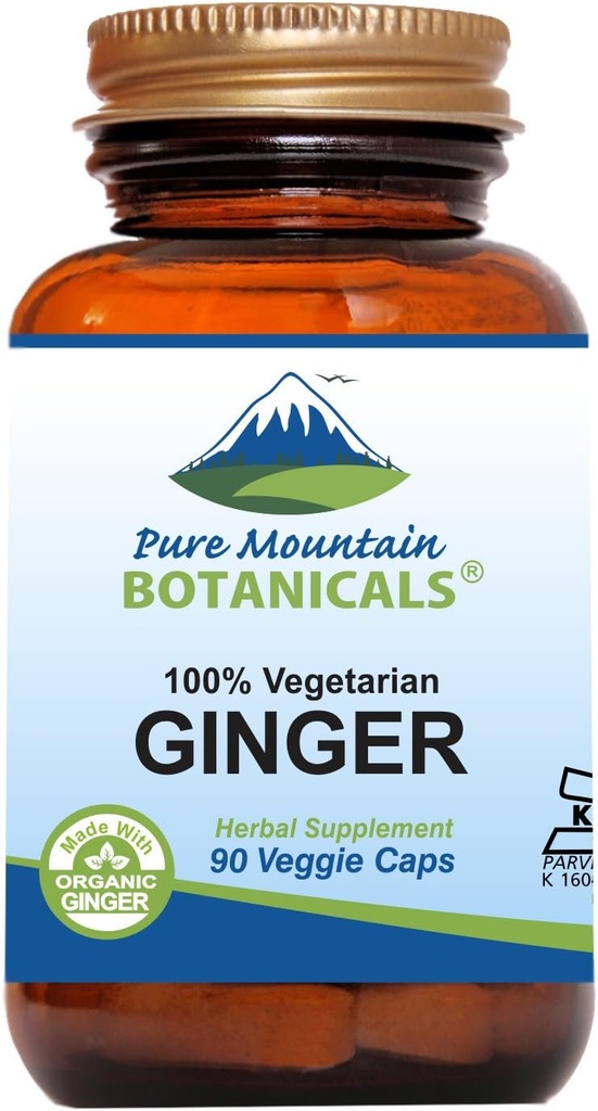 Pure Mountain Botanicals Ginger Capsules - Kosher Vegan with 1000mg Organic Ginger Root Supplement