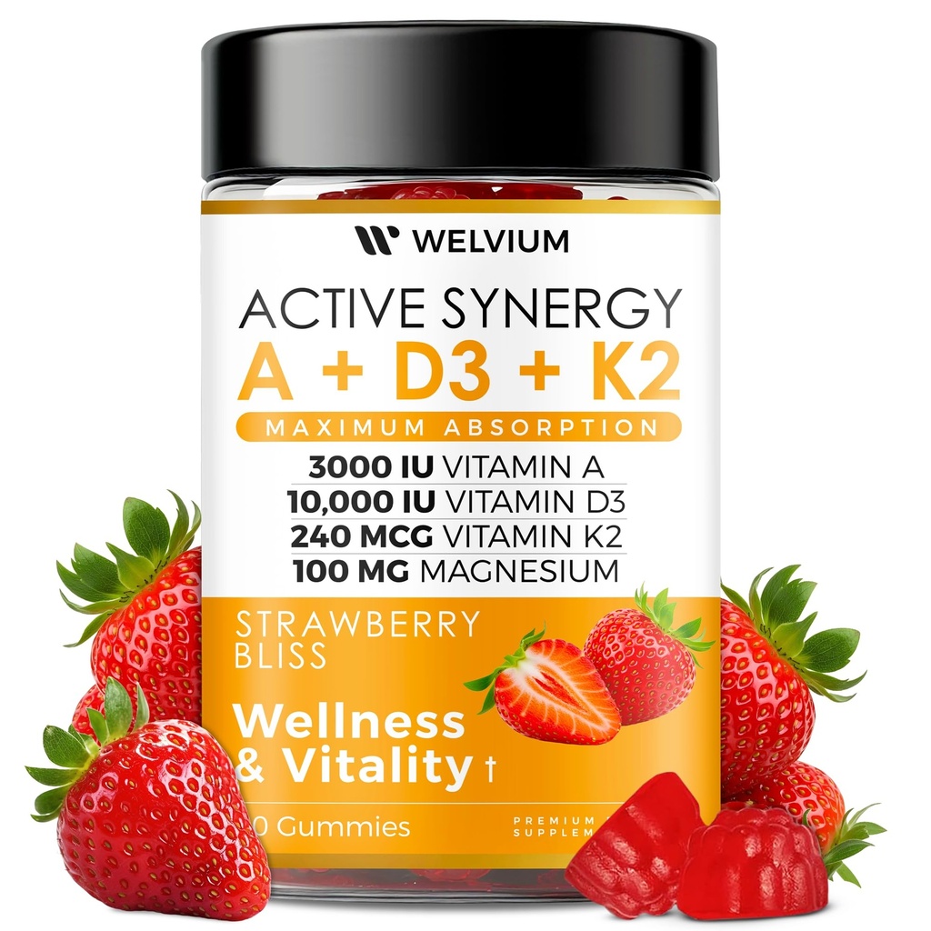 Vitamin D3 K2 Gummies 10000 IU with Magnesium Glycinate, Calcium, B12, K2 MK-7, Vitamins A, E, Lutein, Zeaxanthin - ADK Chewable Supplement for Bone, Eye, Immune Support - D3K2 Gummies