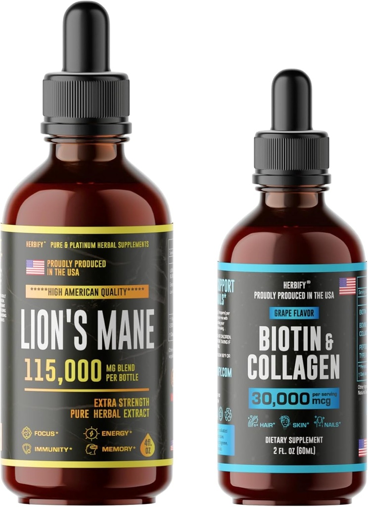 HERBIFY Bundle - Lions Mane Drops & Biotin and Collagen - Brain, Hair, Skin & Nails Support