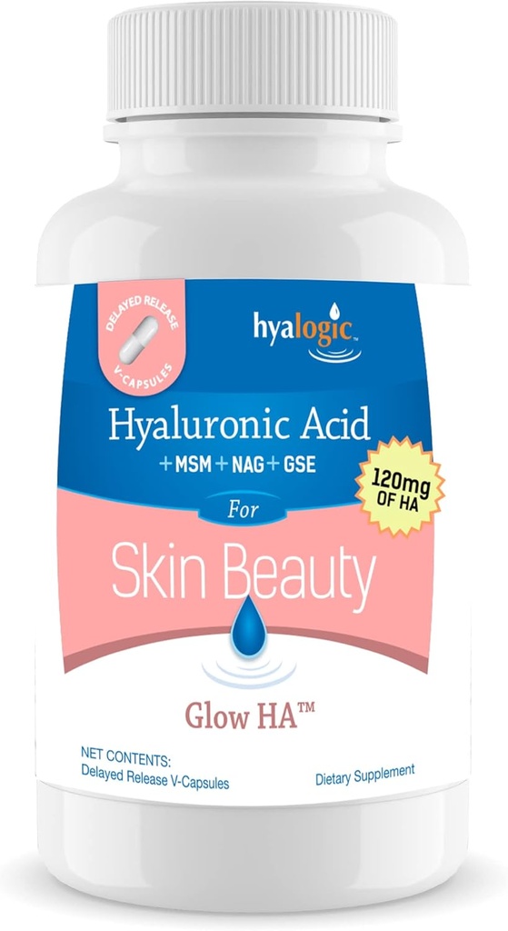 Hyalogic 120 Mg Hyaluronic Acid Delayed-Release Capsules – Skin Supplement w/Glucosamine MSM – Body Health Food Supplement w/Grape Seed Extract – Vegan & Non-GMO Dietary Supplements (30 Count)