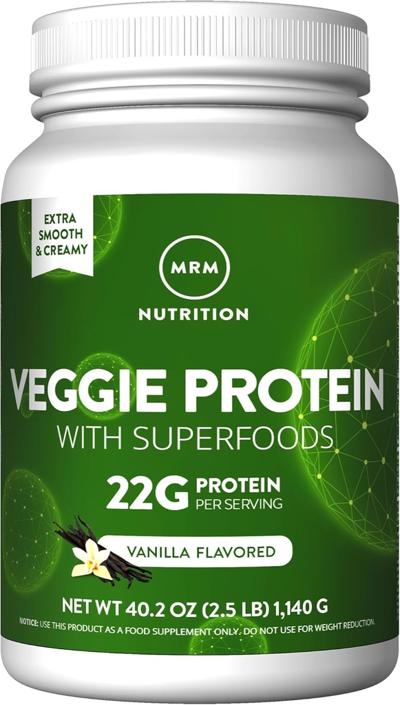 MRM Nutrition Veggie Protein with Superfoods | Vanilla Flavored | 22g Complete Protein | Over 8.8g Essential Amino acids | 13 superfoods | with Omega 3s and Omega6s | Keto Friendly | 30 Servings
