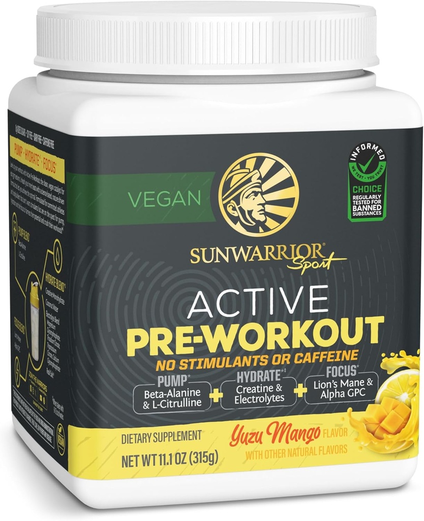 Pre Workout Powder Energy Drink Non-Stim & Caffeine Free | Vegan Plant-Based Supplement | Pump Hydrate Focus Endurance & Strength Builder | Yuzu Mango Flavored 30 Serving Active Preworkout