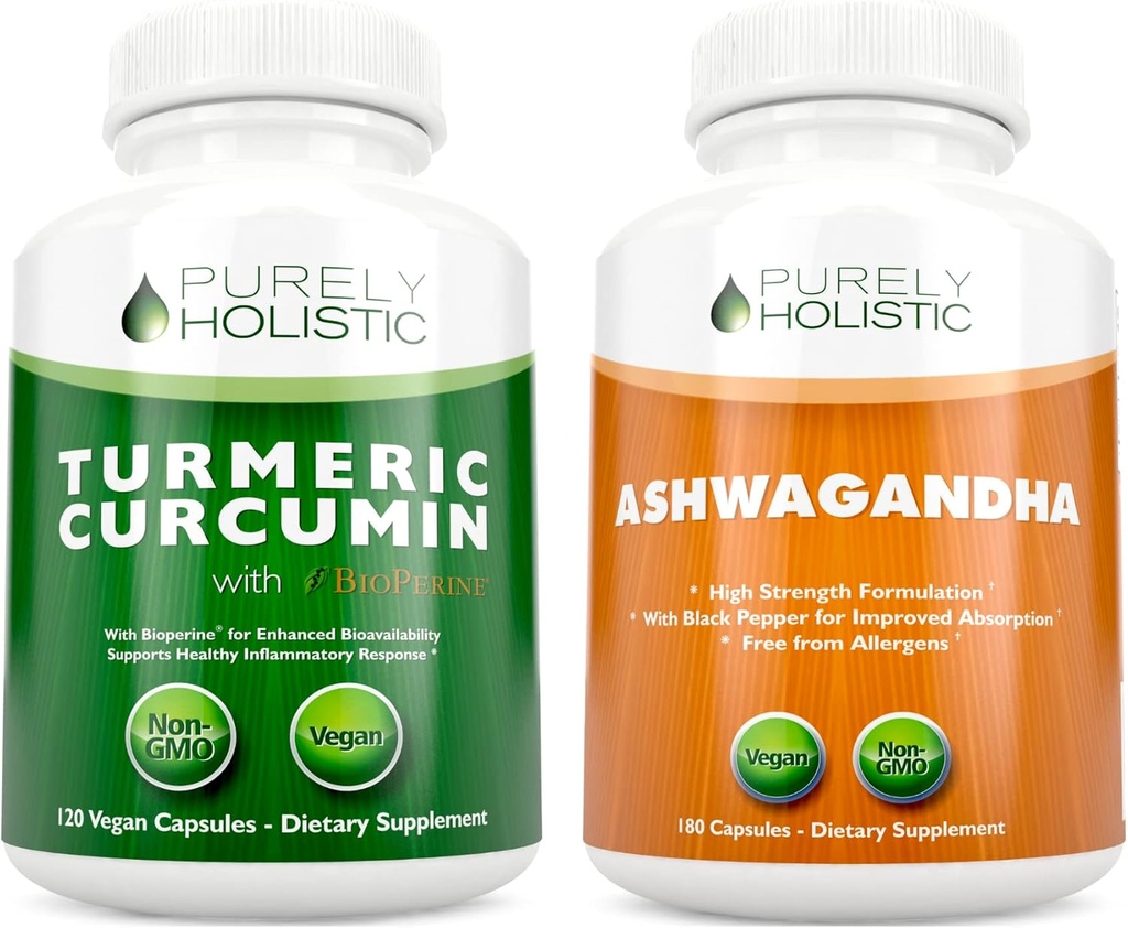 Organic Turmeric Curcumin 700mg & Bioperine + Organic Ashwagandha 1300mg & Black Pepper - Vegan Bundle - 120 + 180 Capsules - Made in USA