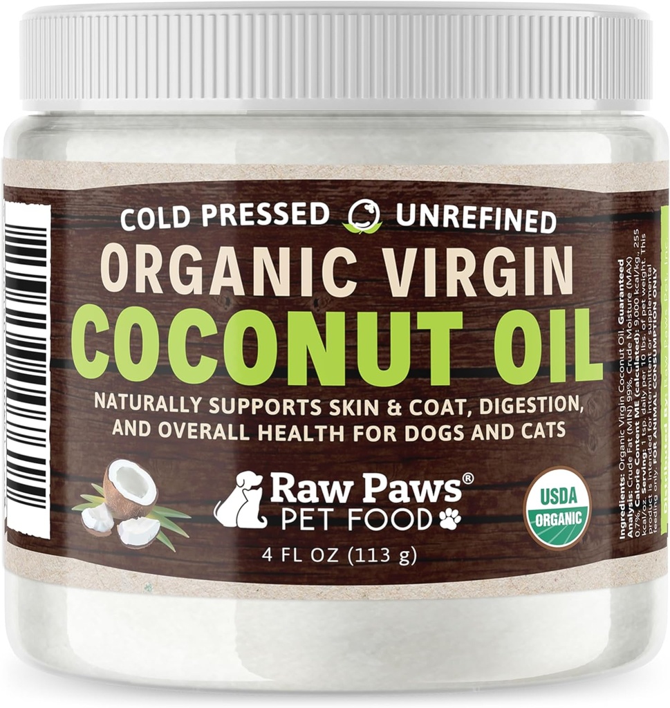 Raw Paws Organic Virgin Coconut Oil for Dogs & Cats, 4-oz - Supports Immune System, Digestion, Oral Health, Thyroid - All Natural Allergy Relief for Dogs - Hairball Relief