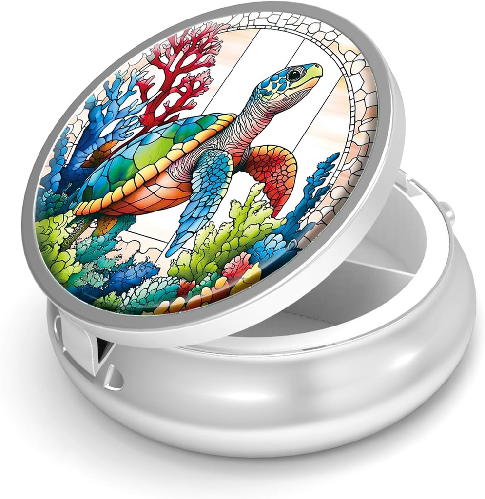 Pill Box-3 Compartment Small Pill Case for Purse & Pocket Mini Metal Pill Holder Travel Pill Container to Hold Supplements Vitamins BPA-Free (Sea Turtle)