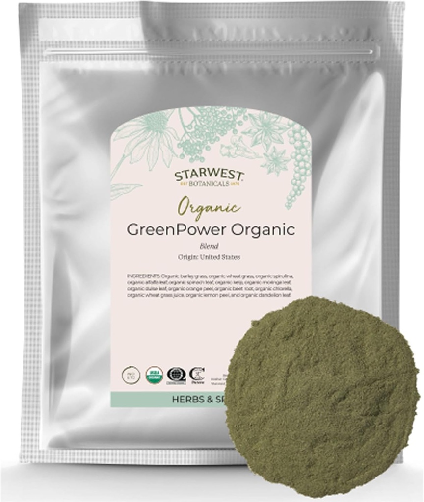 Starwest Botanicals Organic GreenPower Blend - Healthy Greens Superfood Powder, Super Green Drink Mix, Natural Energy Support for Women & Men, Packed with Fruits & Vegetables, Non-GMO - Bulk 1 lb Bag