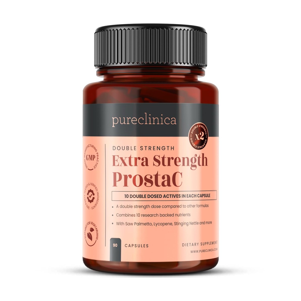 pureclinica Extra Strength ProstaC – 3-Month Supply of Premium Prostate Support – Saw Palmetto, Beta-Sitosterol, Pygeum, Nettle, Lycopene & More – 90 High Strength Capsules
